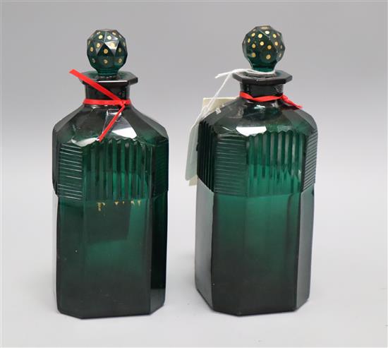 A pair of early Victorian green glass decanters, Ex Jordanstone sale height 20cm